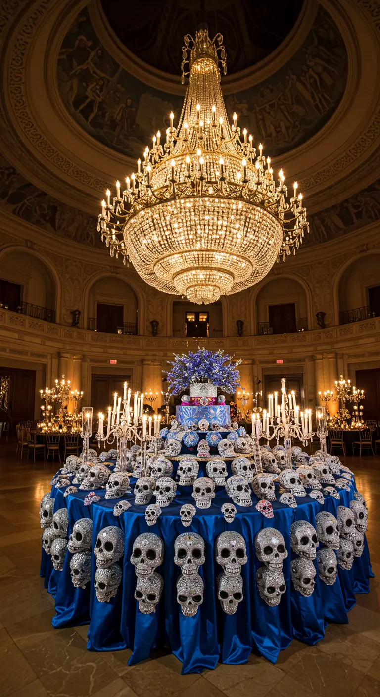Mesa redonda cubierta con docenas de calaveras de cristal bajo una lámpara de araña.