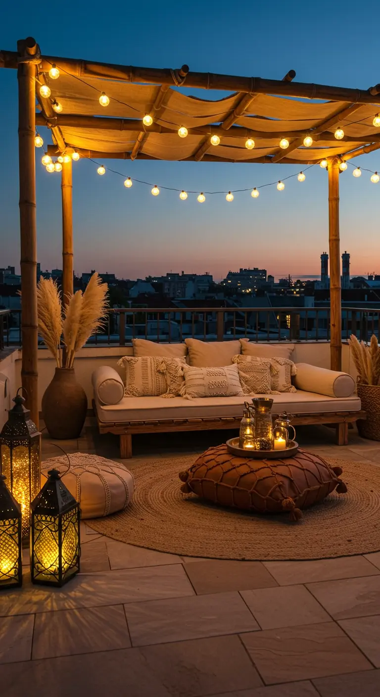 Terraza en azotea con pérgola de bambú, sofá bajo con cojines y faroles marroquíes iluminados.