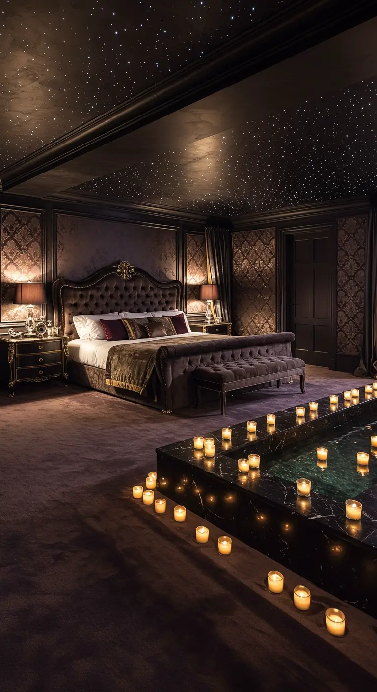 Dormitorio oscuro y lujoso con un techo de estrellas y una fuente con decenas de velas.
