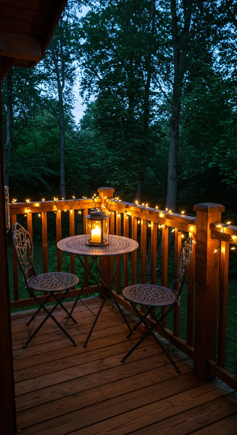 Pequeño balcón de madera con una mesa y dos sillas, iluminado por luces en la barandilla.