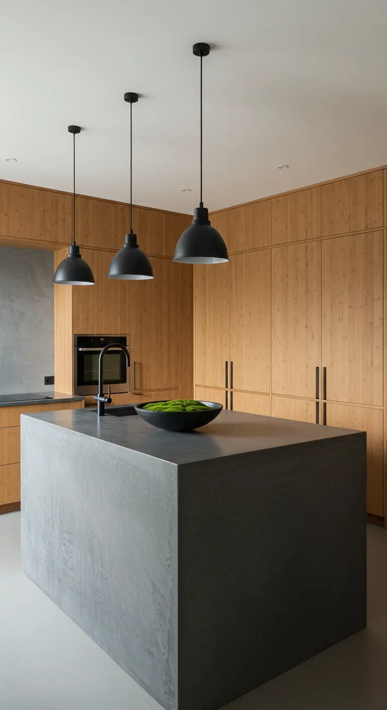 Cocina con isla de hormigón gris, armarios altos de bambú y lámparas colgantes negras.