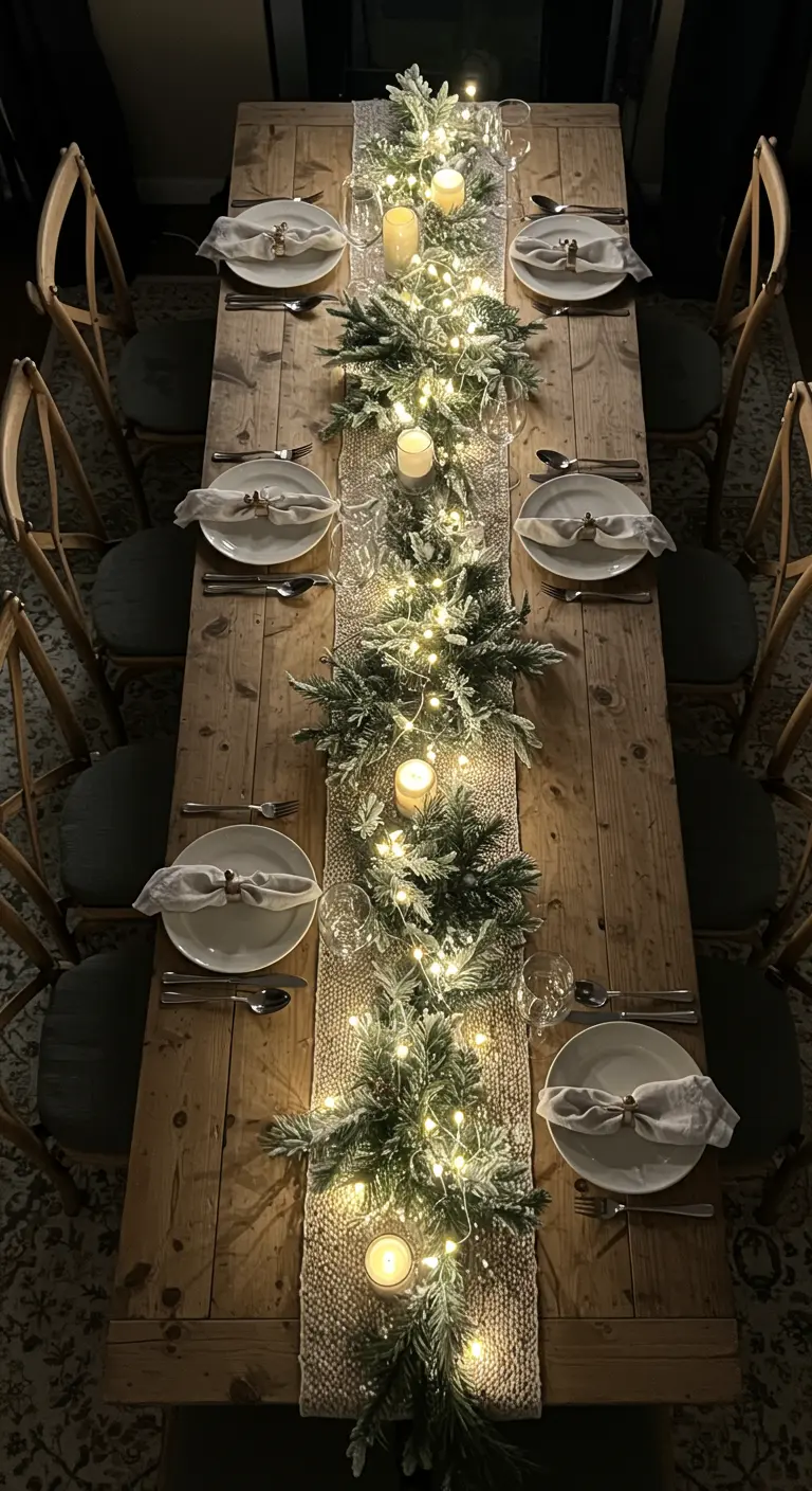 Mesa de comedor de madera rústica con un camino de guirnaldas de pino iluminadas y velas.