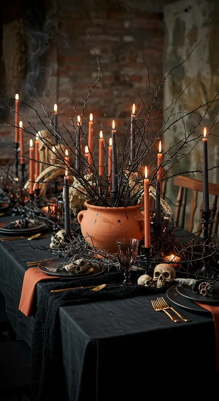 Mesa de Halloween con centro de mesa de ramas negras, velas y calaveras.