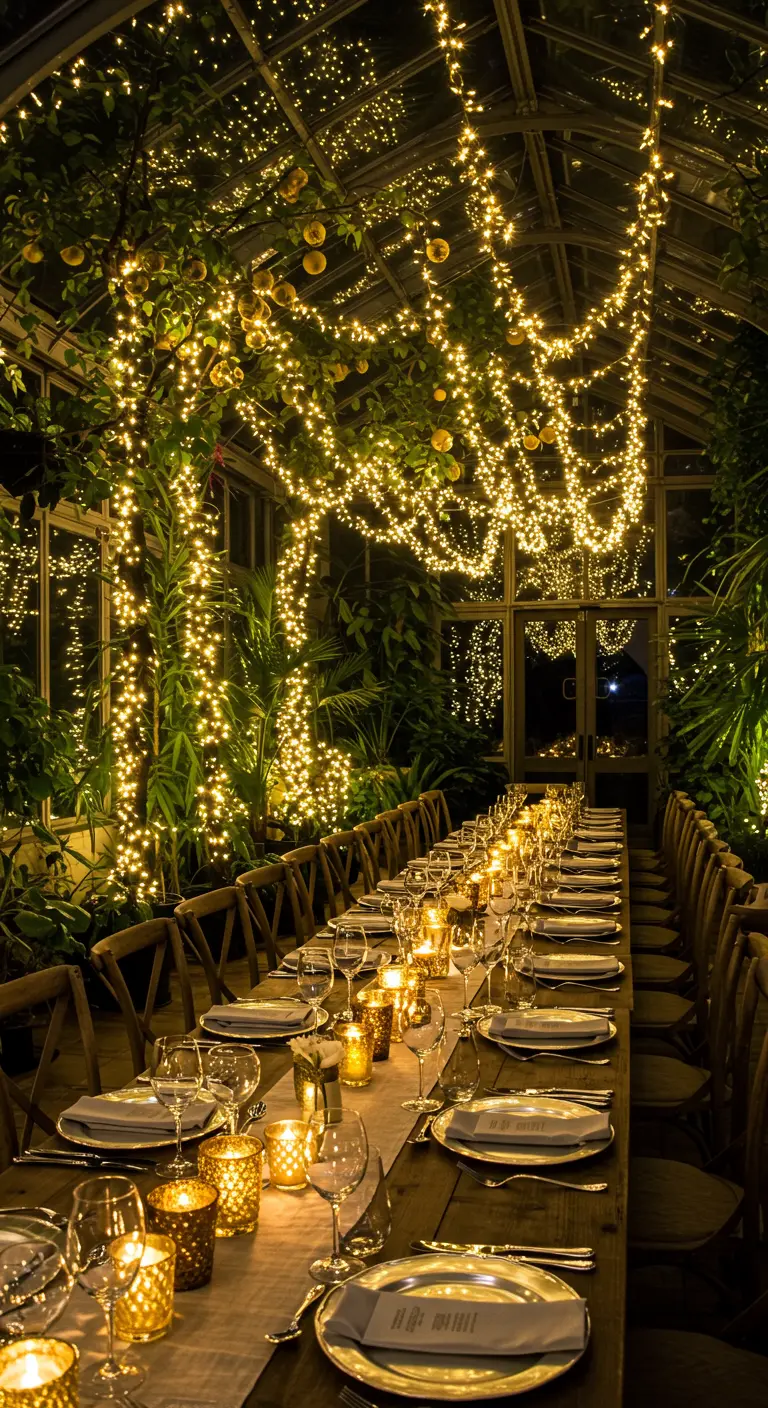 Larga mesa de comedor en un invernadero iluminado por miles de luces de hadas.
