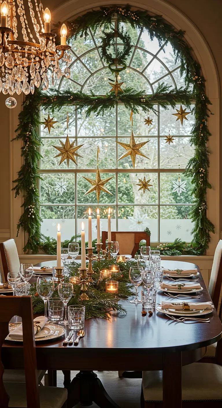 Comedor elegante con una mesa puesta y un gran ventanal decorado con guirnaldas y estrellas doradas.