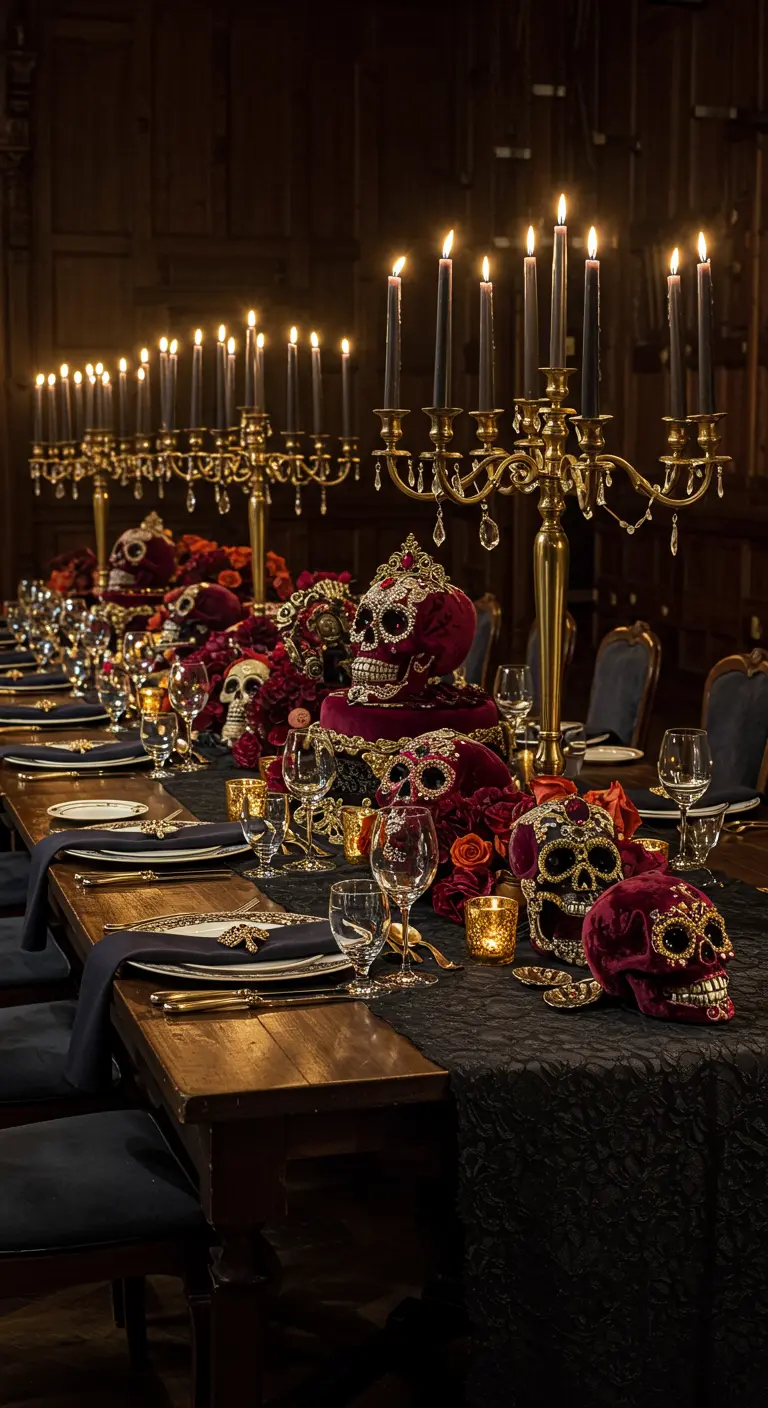Larga mesa de comedor decorada con calaveras de terciopelo rojo y candelabros dorados.