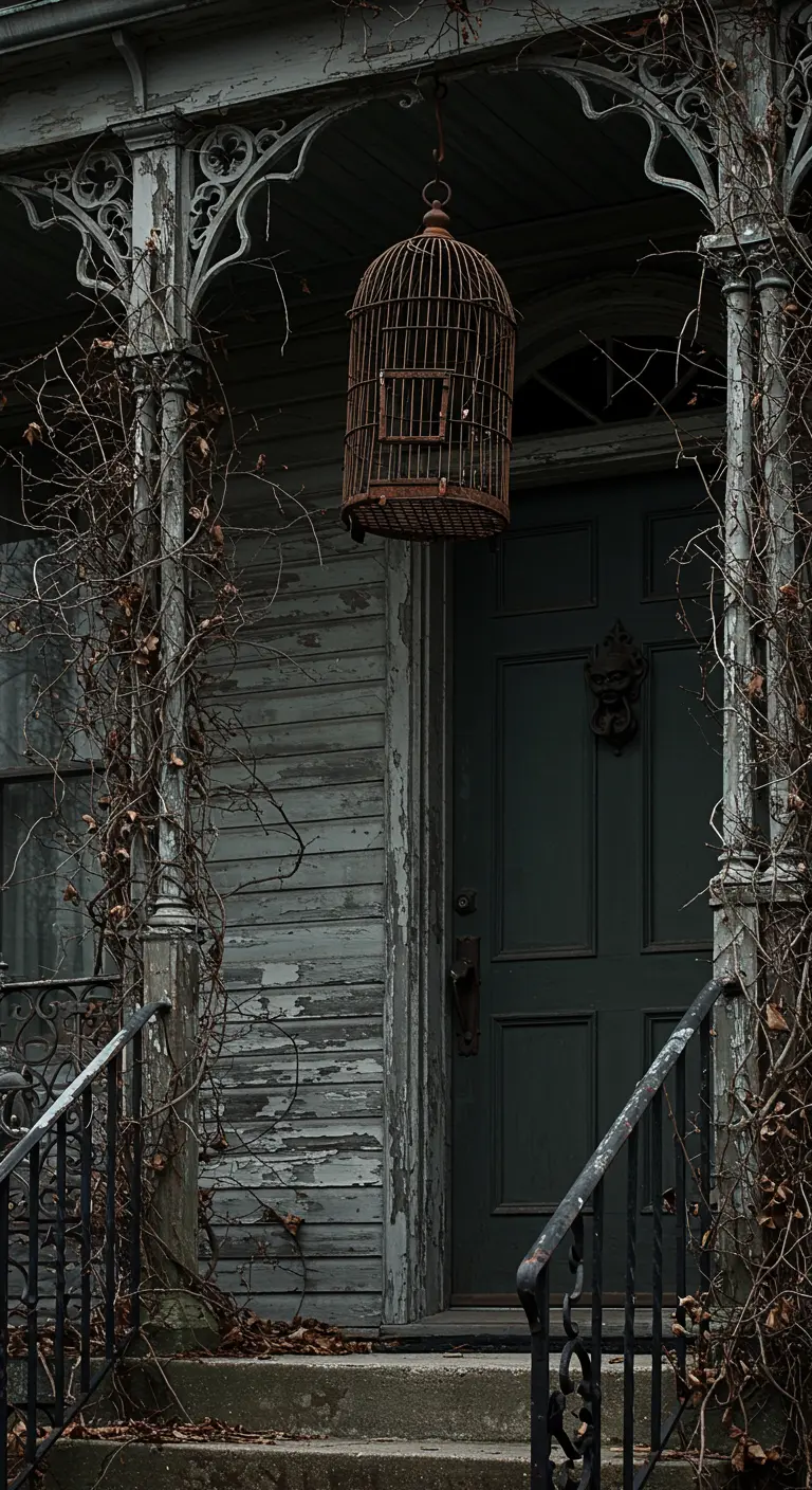 Jaula de pájaros oxidada colgando en un porche de estilo gótico con pintura descascarada.