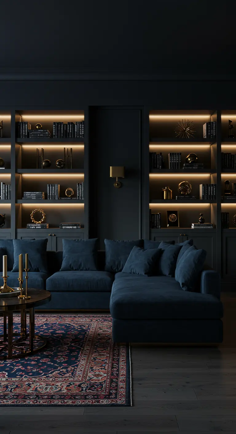 Estantería oscura con cada balda iluminada por una tira de luz LED cálida, resaltando los libros y objetos.