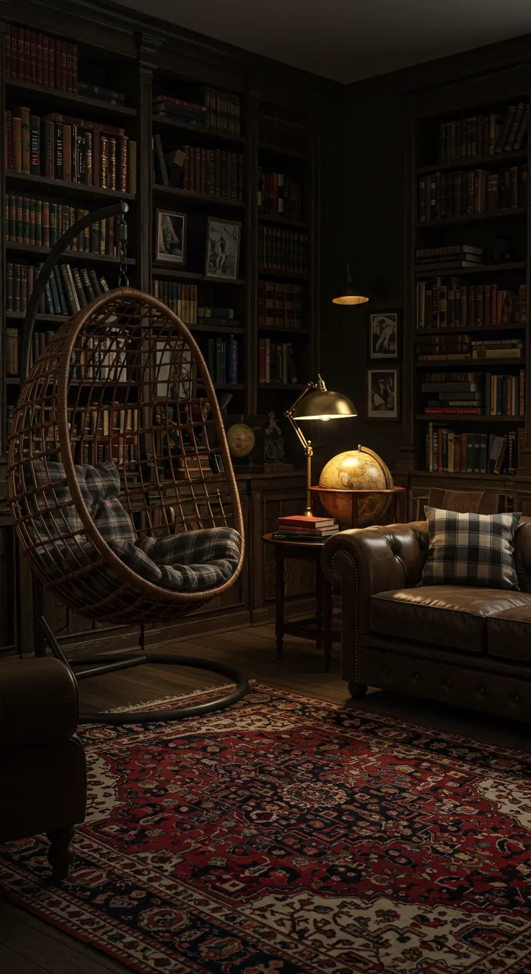 Sillón colgante de ratán oscuro en una biblioteca clásica con estanterías llenas de libros.