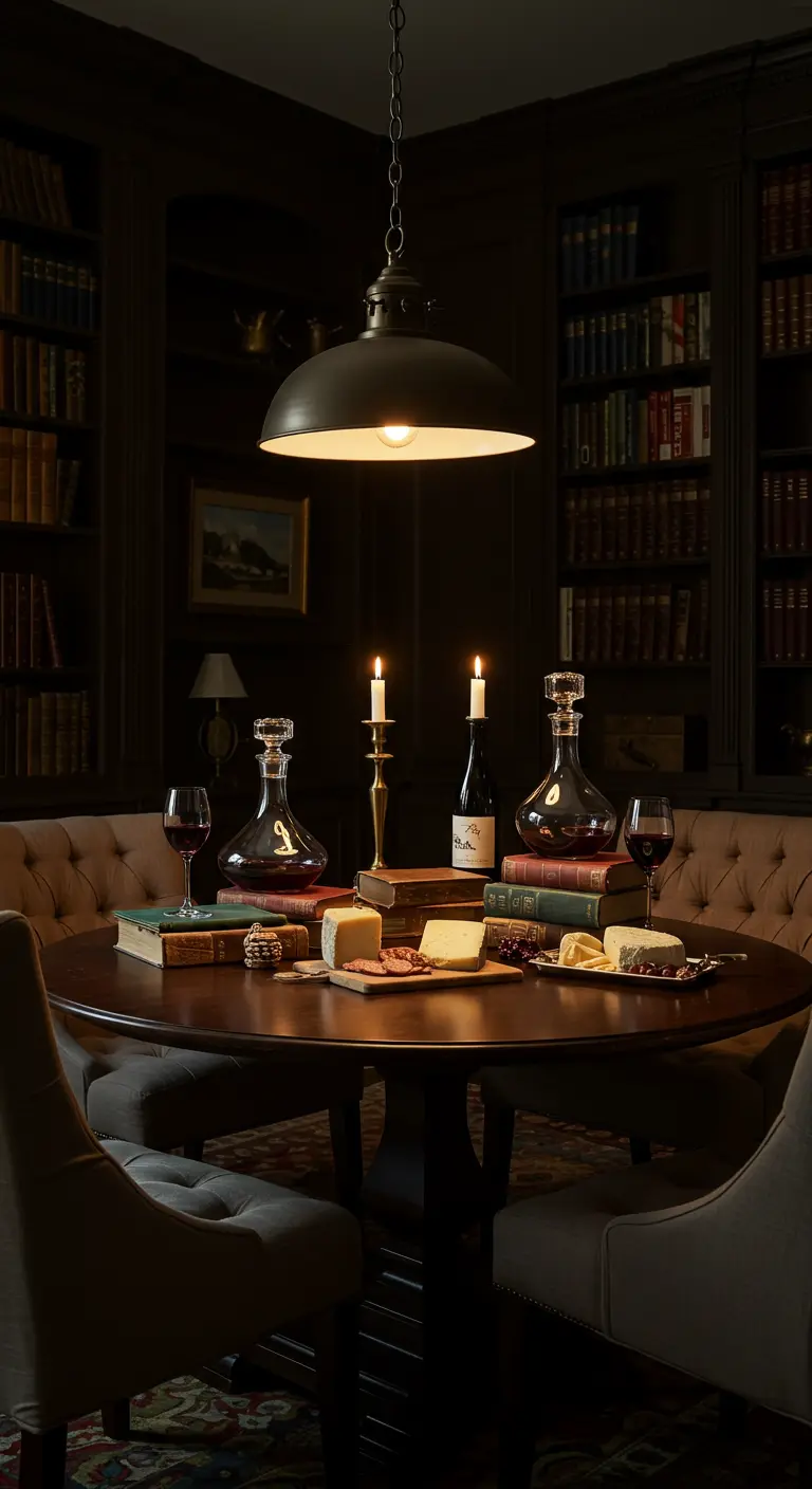 Mesa redonda de madera en una biblioteca oscura con quesos, vino y velas.
