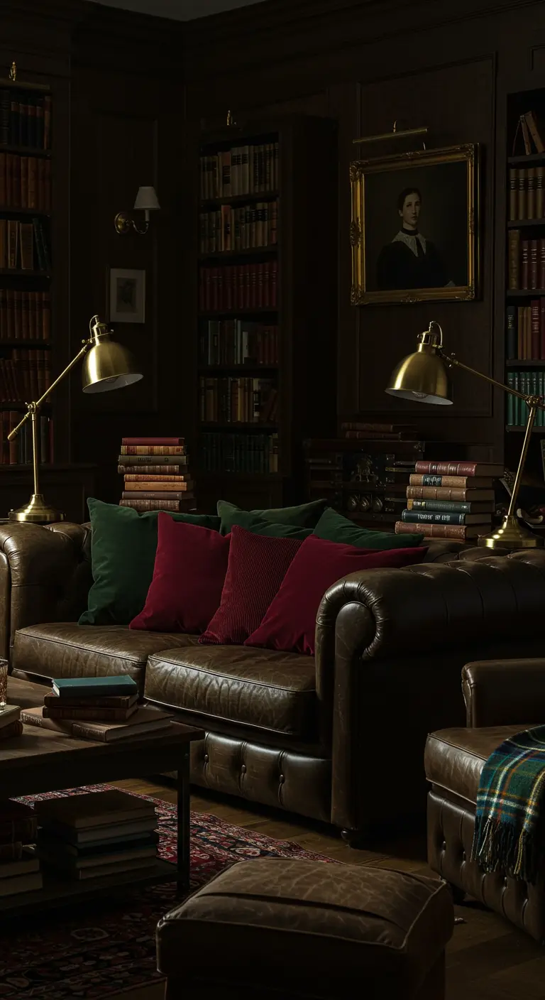 Sofá de cuero oscuro con cojines de terciopelo verde y burdeos en una biblioteca.