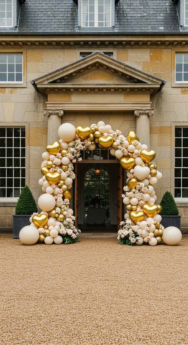 Arco de globos dorados y crema en la entrada de una mansión.