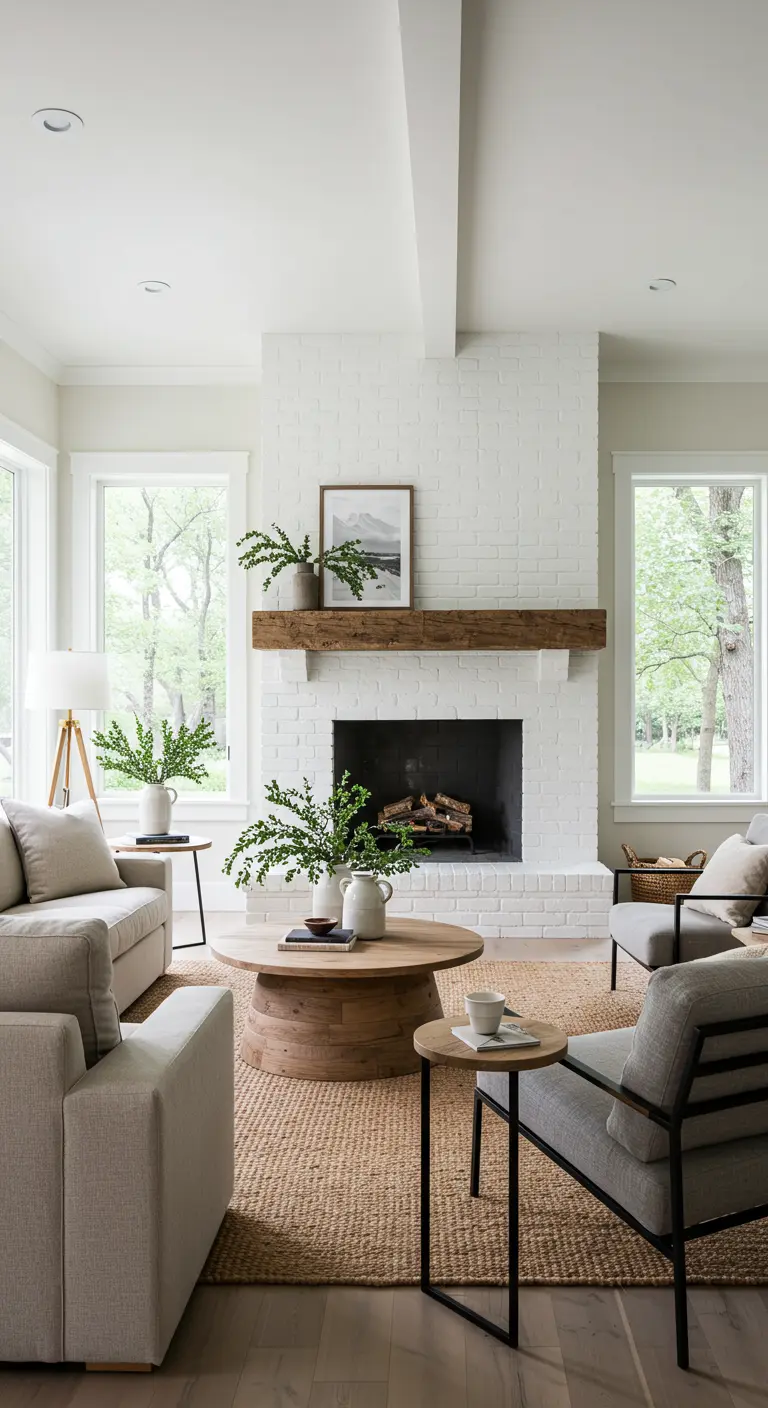 Sala de estar moderna y rústica con chimenea de ladrillo blanco y decoración minimalista.