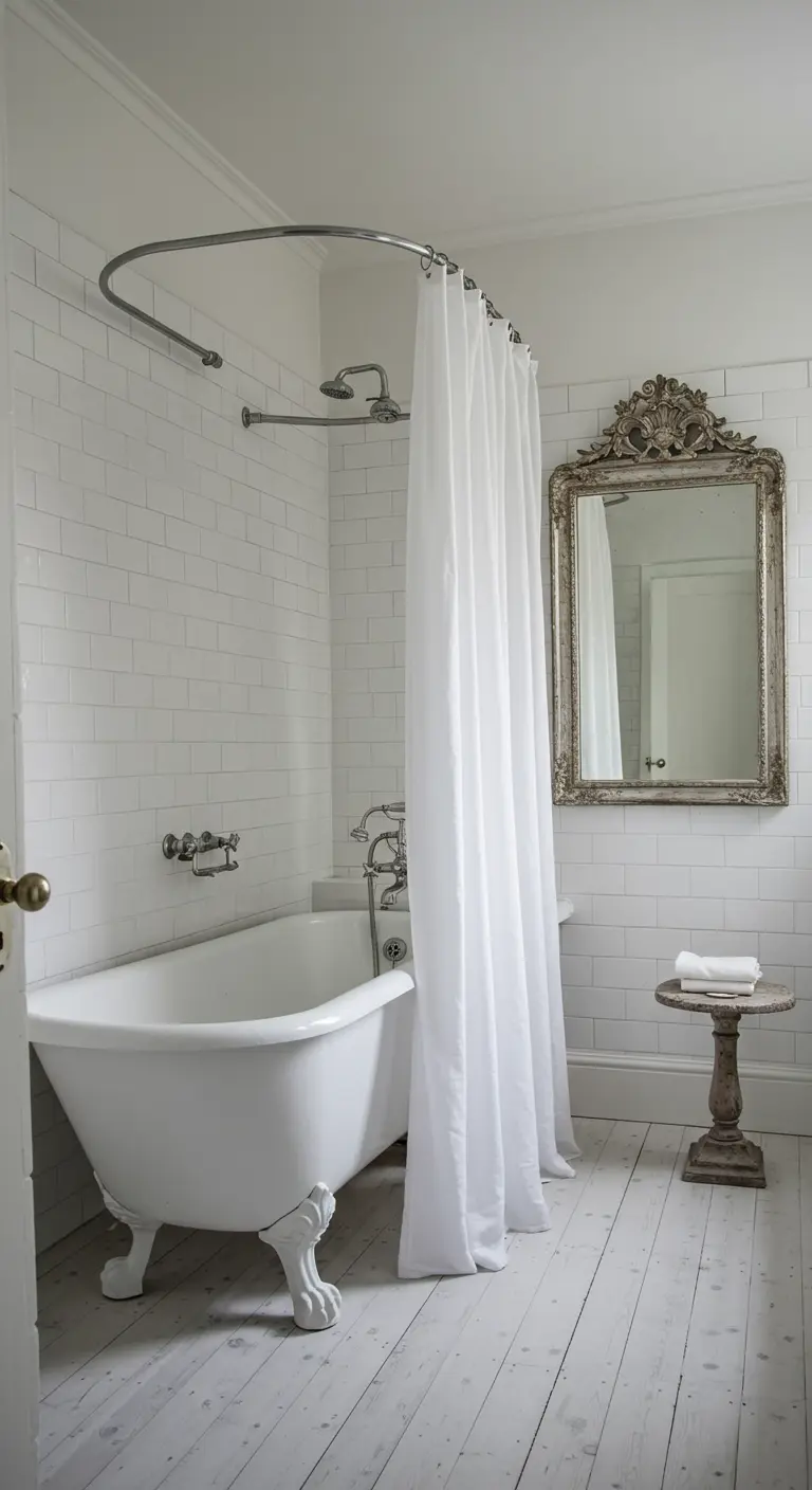 Baño minimalista en blanco con azulejos tipo metro, espejo de plata ornamentado y suelo de madera.