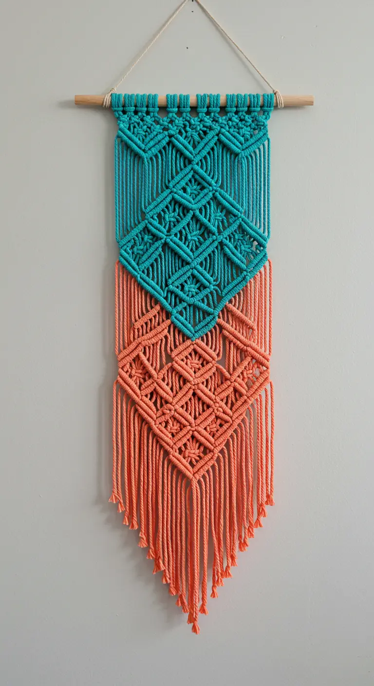 Tapiz de macramé con un bloque de color turquesa en la parte superior y coral en la inferior.