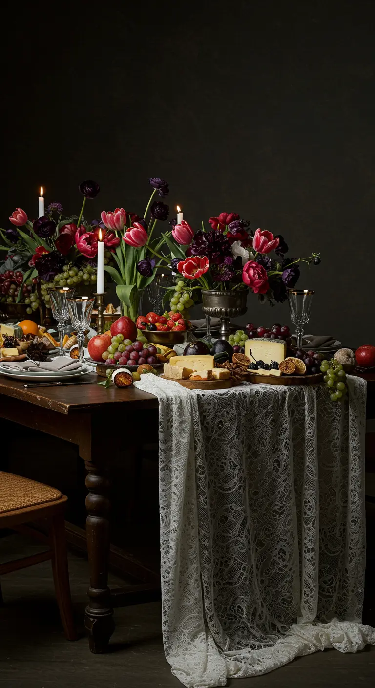 Mesa de banquete estilo bodegón con camino de encaje, frutas y flores.