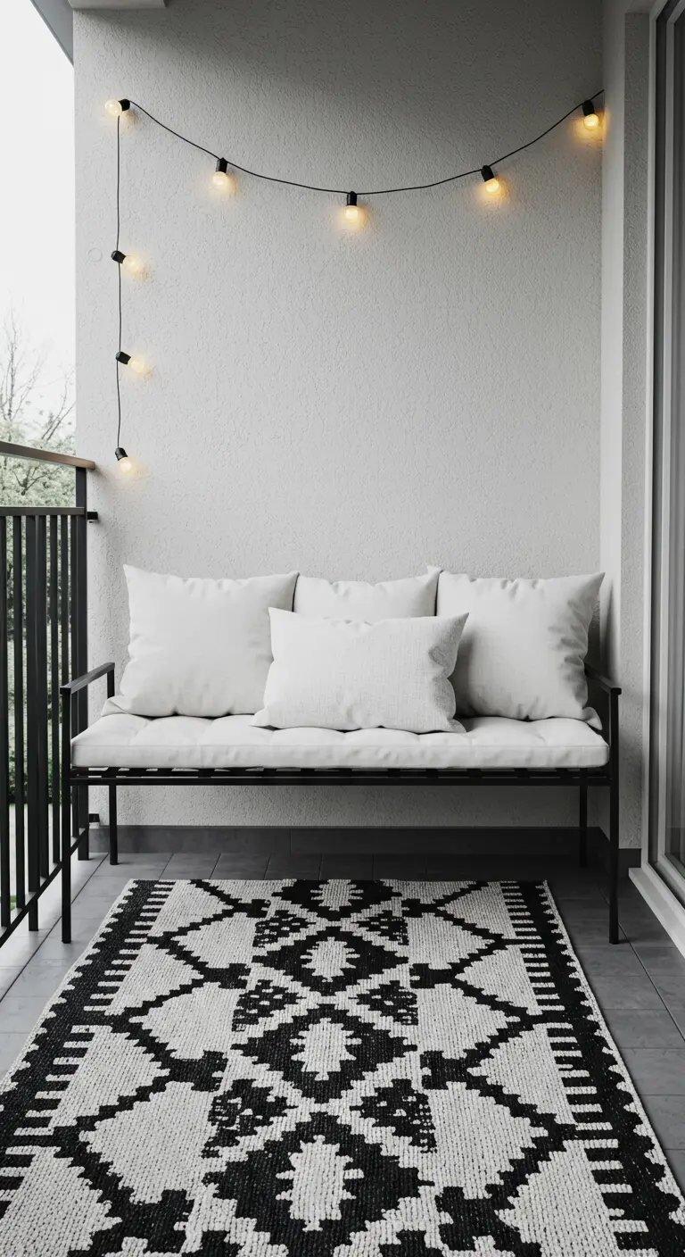 Balcón minimalista con sofá de metal negro, cojines blancos y una alfombra geométrica en blanco y negro.