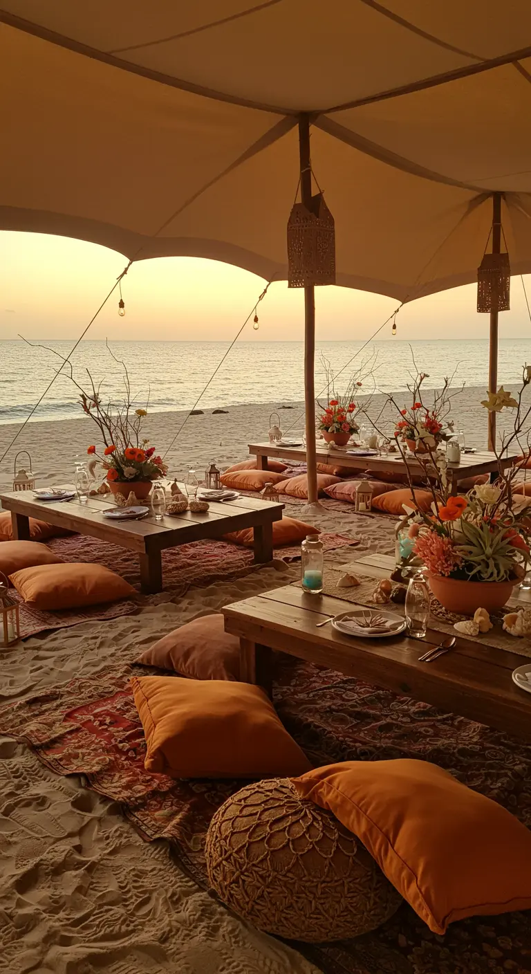 Picnic bohemio en la playa con mesas bajas y centros de mesa de ramas y flores.