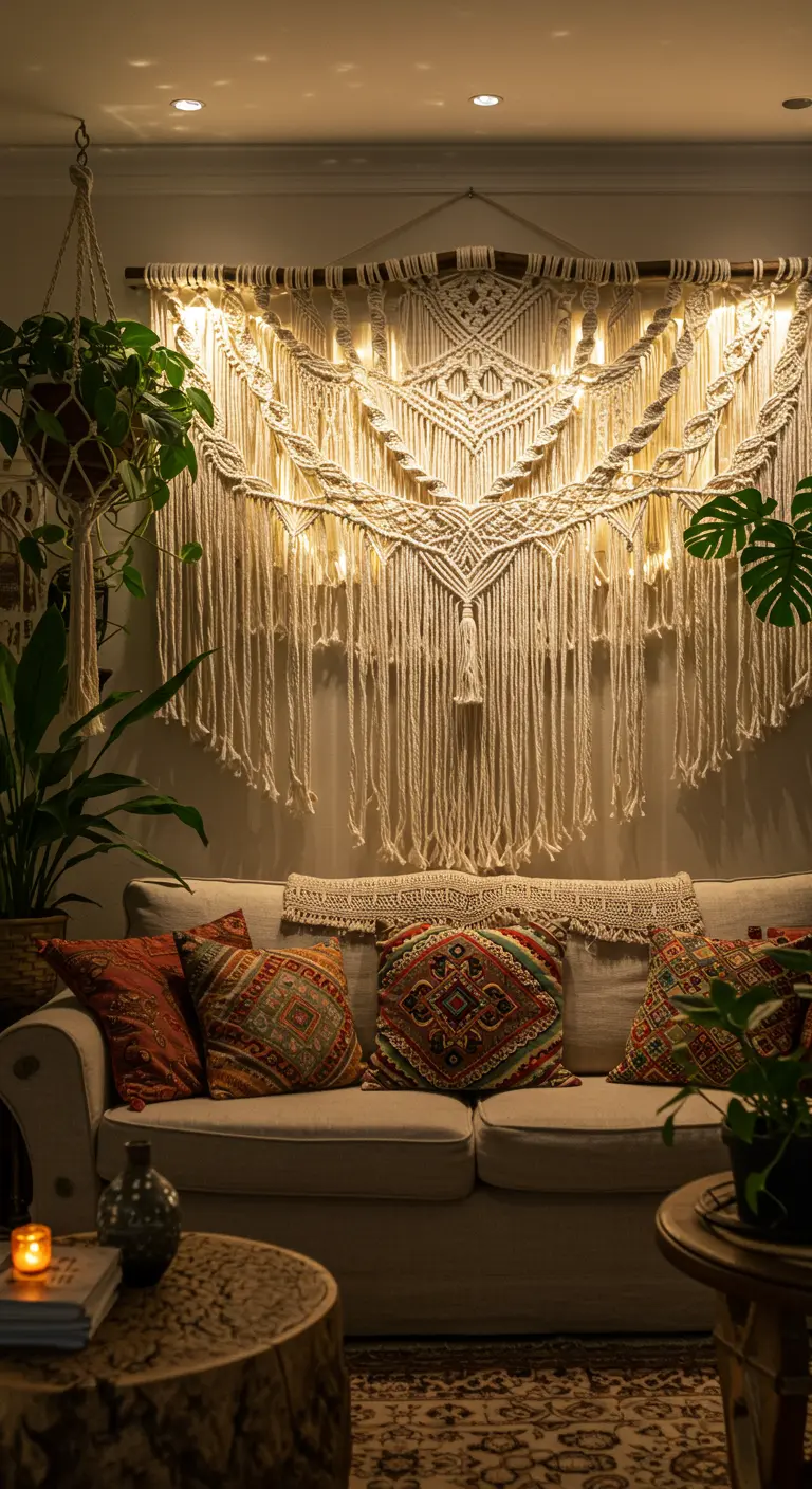 Gran tapiz de macramé en la pared decorado con luces de hadas LED que le dan un brillo cálido.