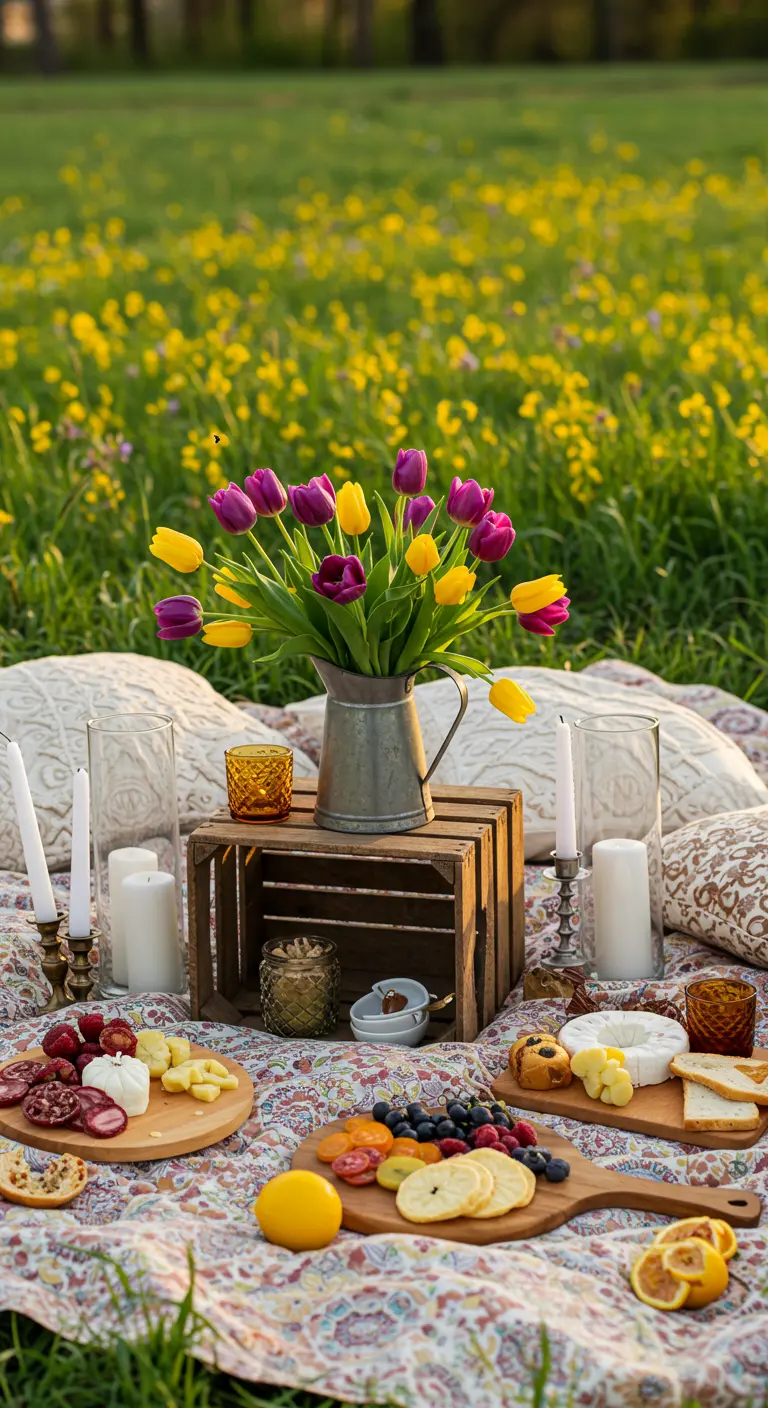 Picnic bohemio en un campo de flores con tulipanes, velas y tablas de embutidos.