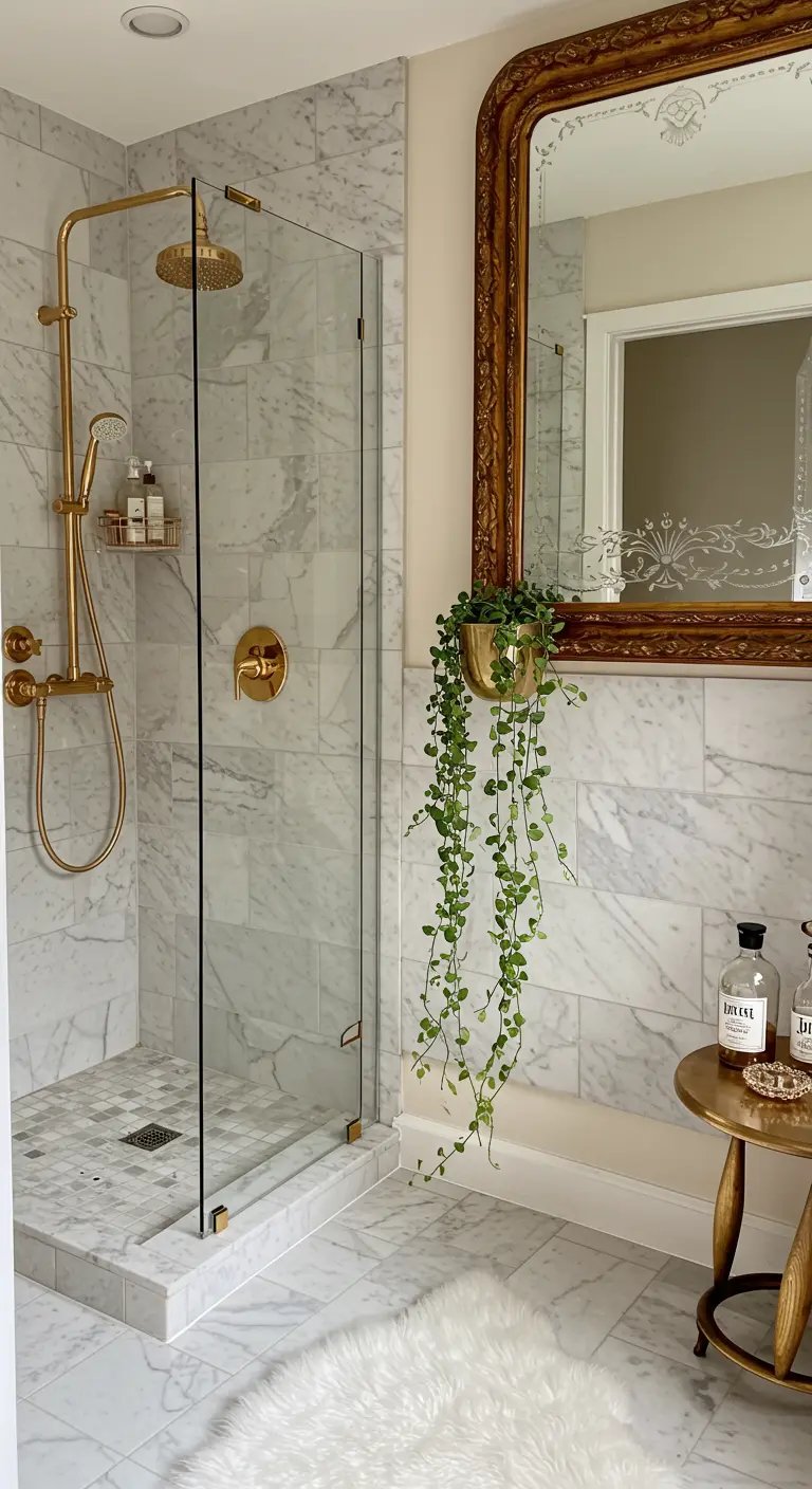 Baño de lujo con paredes de mármol, ducha dorada y un gran espejo dorado de estilo vintage.