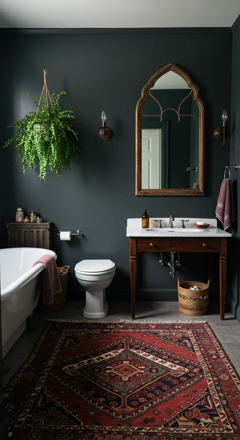 Baño elegante con paredes oscuras, espejo gótico de madera, alfombra persa roja y planta colgante.