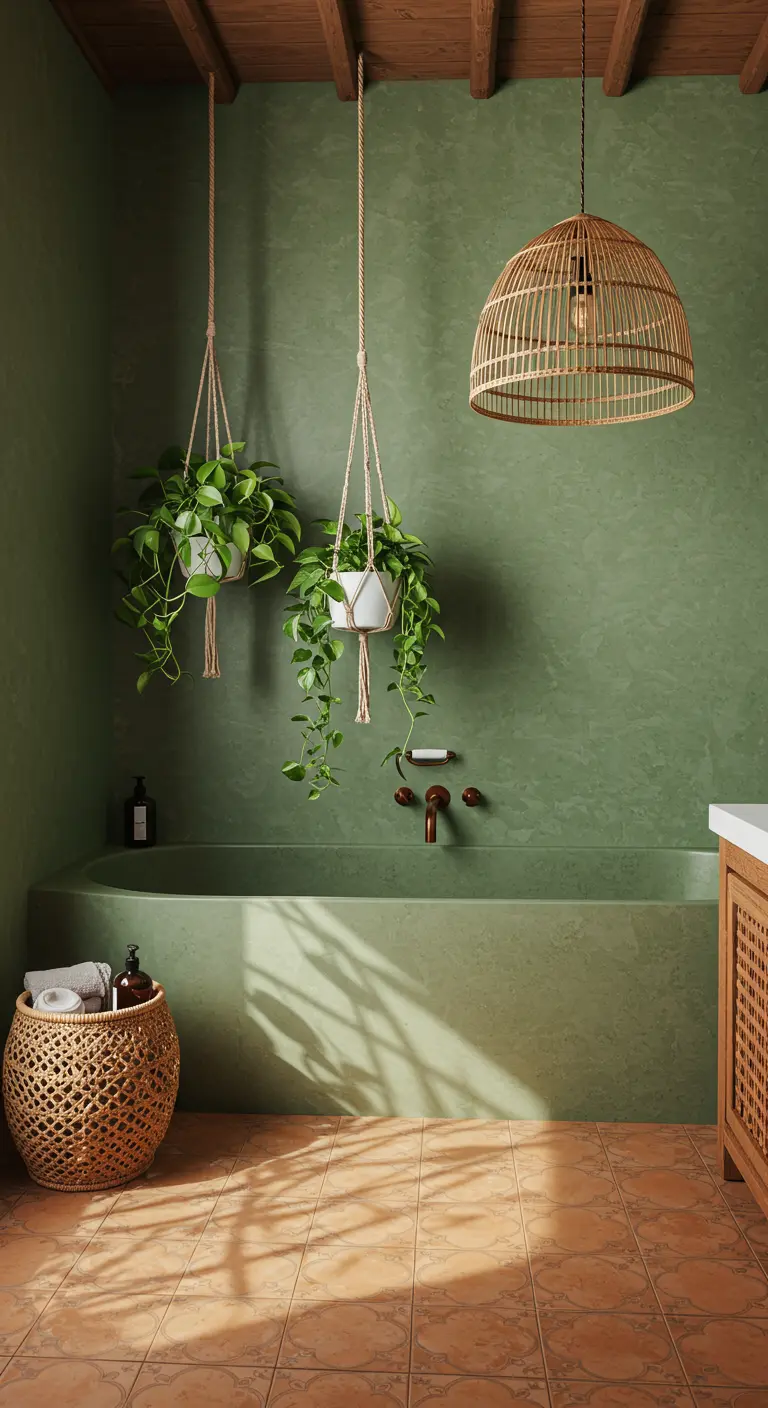 Baño de estilo bohemio con paredes verde salvia y plantas colgantes de macramé.