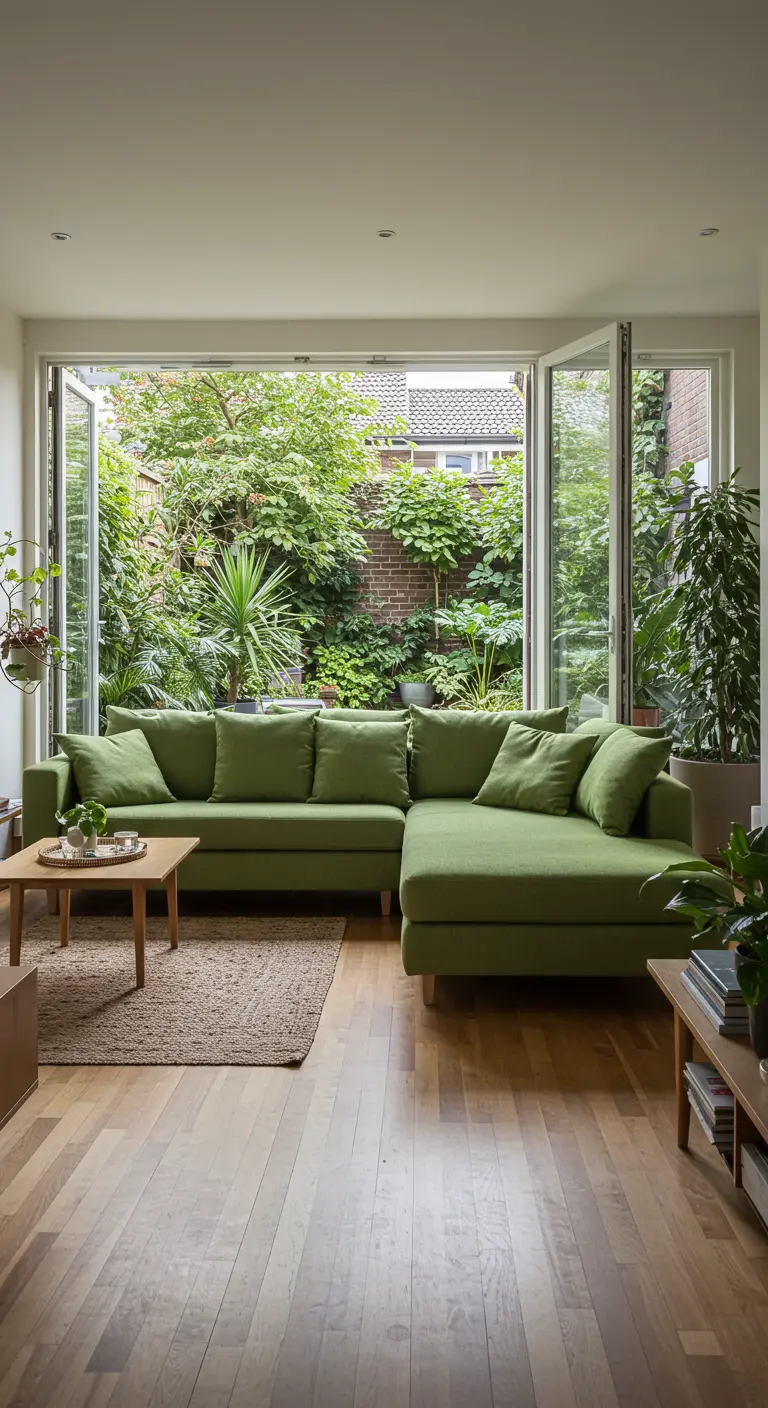 Salón con un gran sofá esquinero verde frente a puertas de cristal que dan a un jardín.