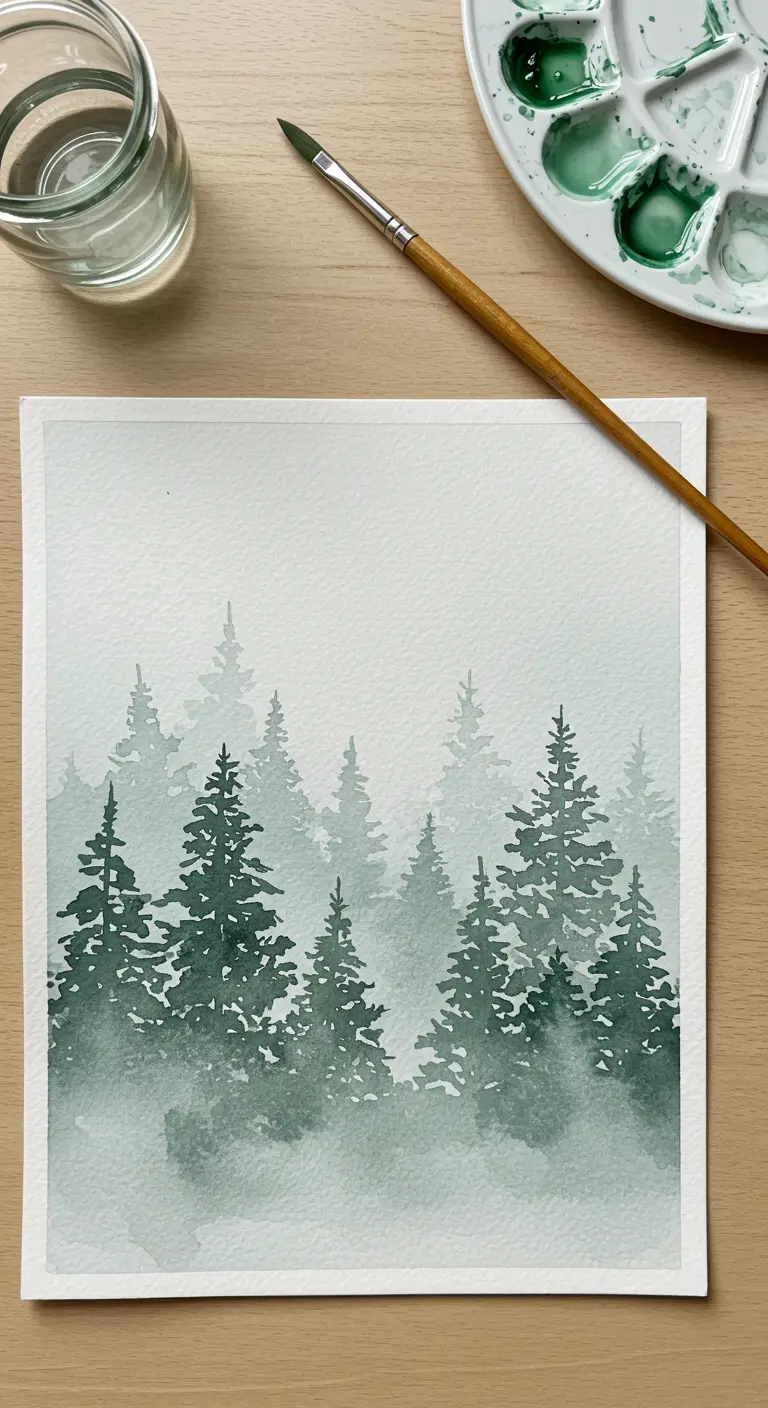 Pintura de acuarela de un bosque de pinos cubierto de niebla en tonos verdes y grises.