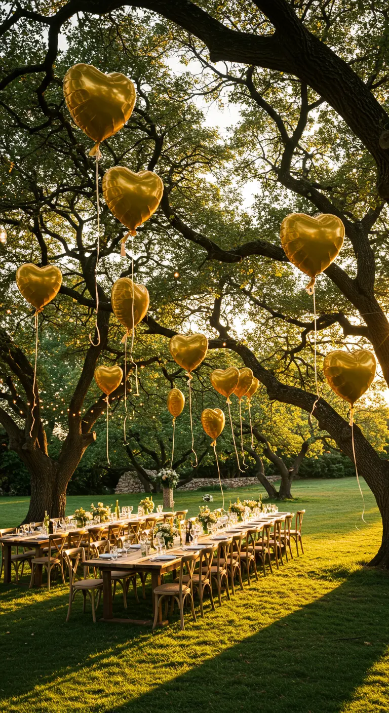 Comedor al aire libre bajo los árboles con globos dorados de corazón colgando de las ramas.