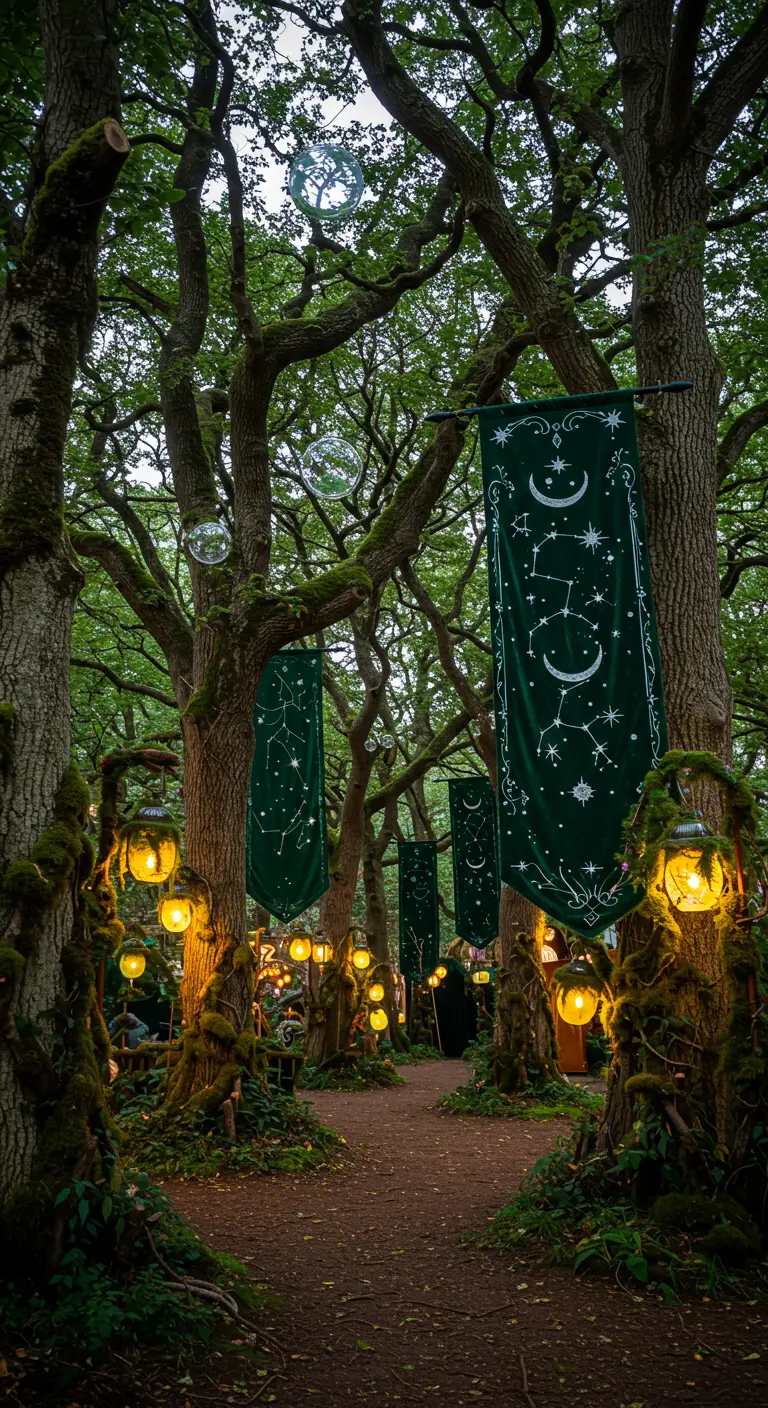 Bosque de noche decorado con estandartes de constelaciones y faroles colgantes.