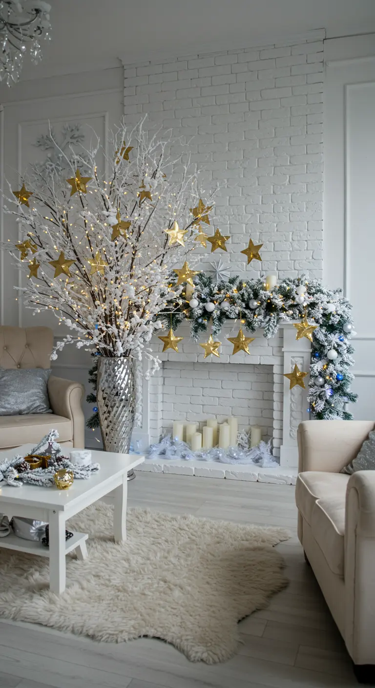 Salón blanco con ramas nevadas en un jarrón, decoradas con estrellas doradas.