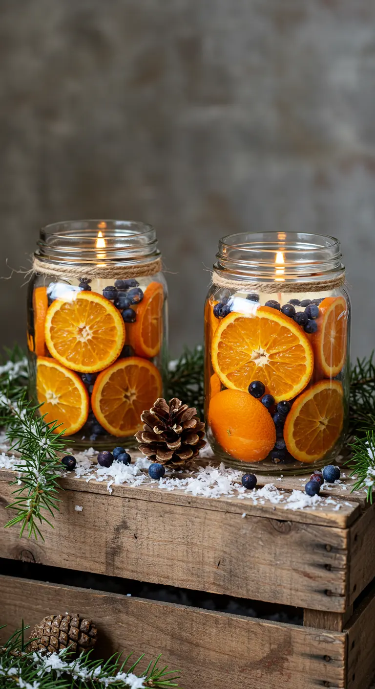 Dos velas de gel en tarros de cristal con rodajas de naranja y bayas de enebro.