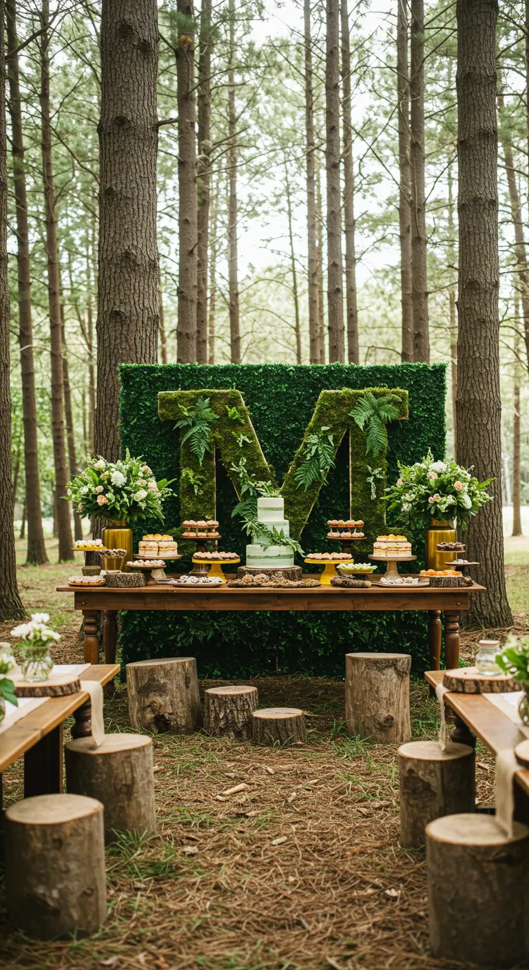 Letra 'M' gigante cubierta de musgo frente a una pared de hojas en un bosque.