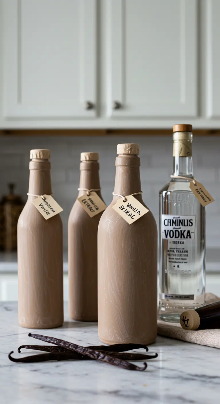 Botellas de vidrio pintadas de marrón, etiquetadas como extracto de vainilla casero.