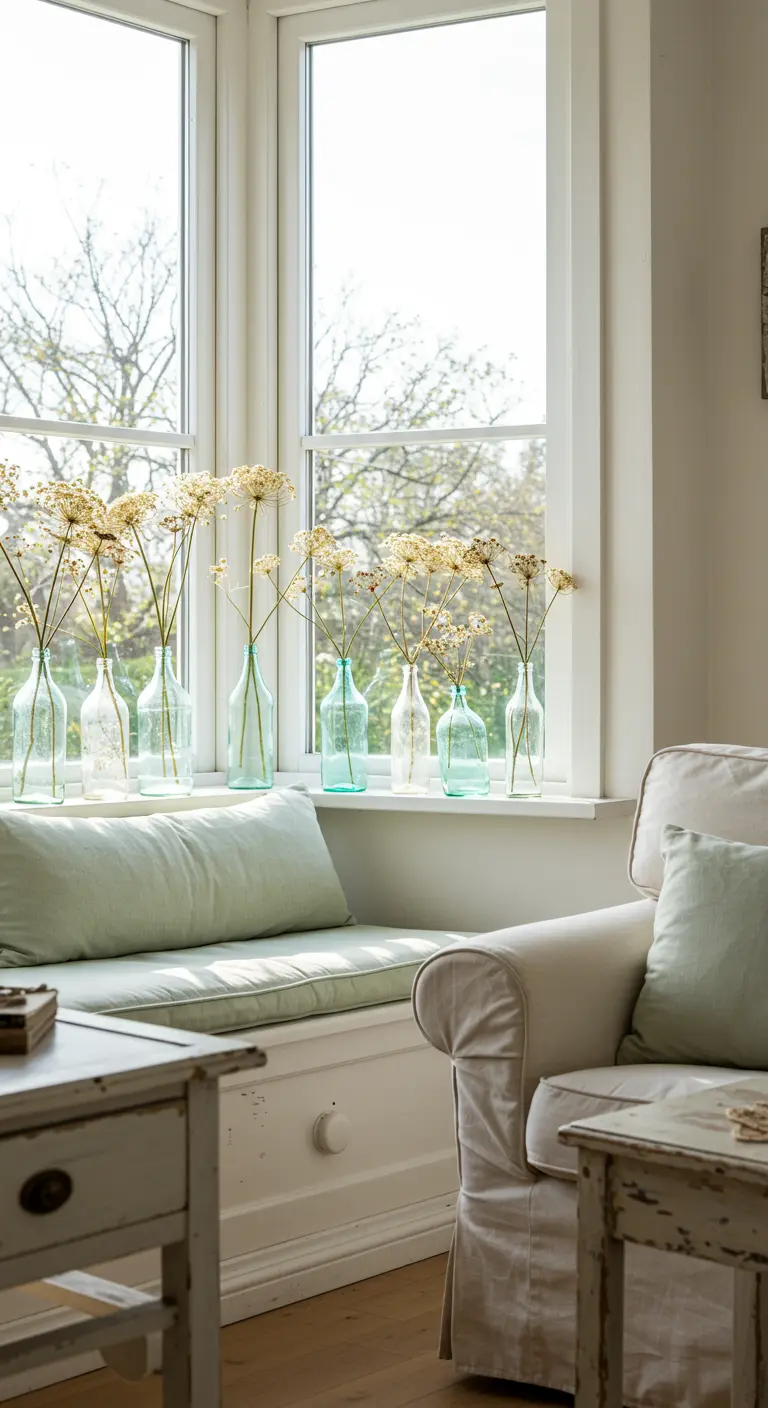 Alféizar de una ventana con varias botellas de vidrio transparente con flores secas de estilo silvestre