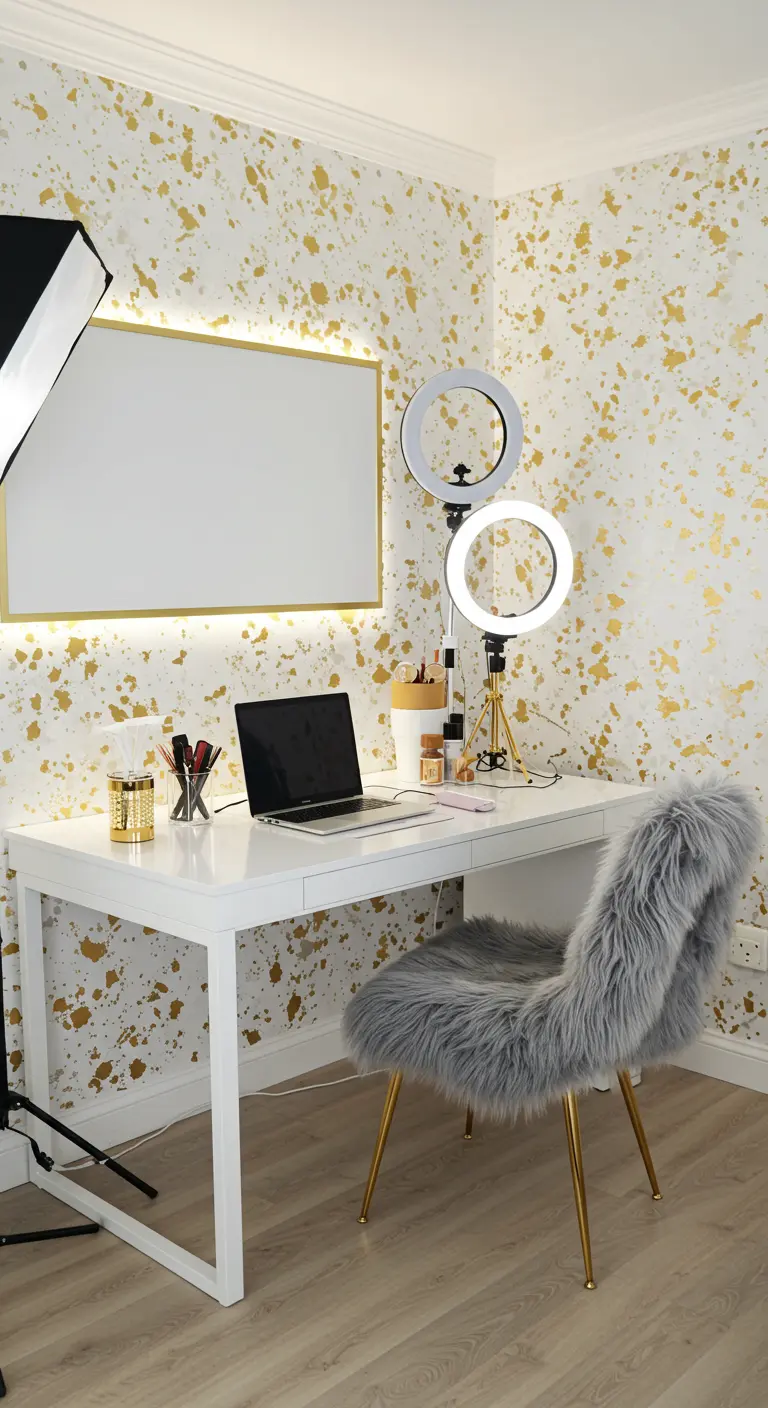 Set de grabación de belleza con papel pintado de salpicaduras doradas y aros de luz.