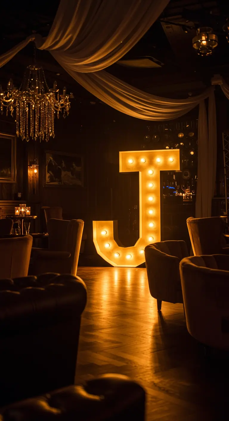 Letra 'J' gigante iluminada con bombillas de marquesina en un salón elegante y oscuro.
