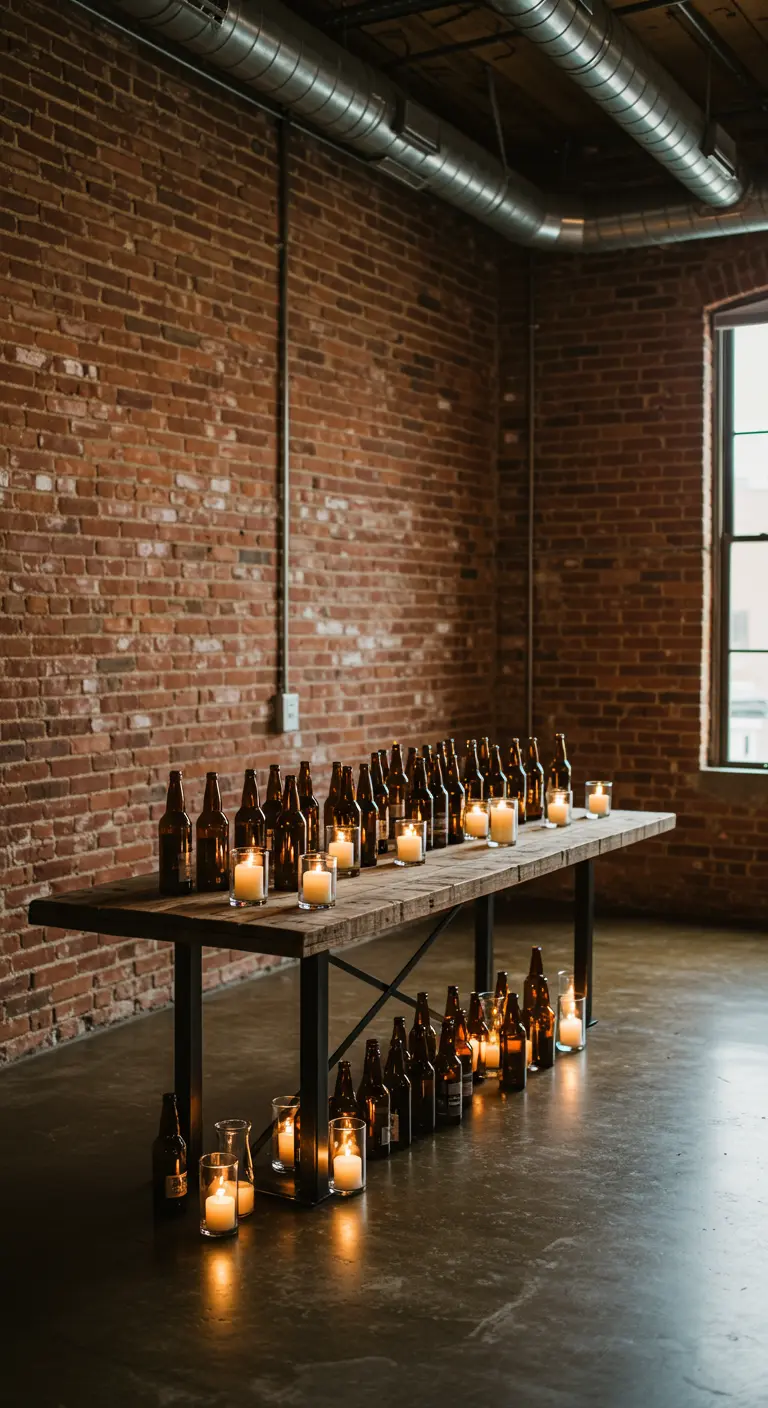 Mesa de madera en un loft industrial con hileras de botellas de cerveza como portavelas.