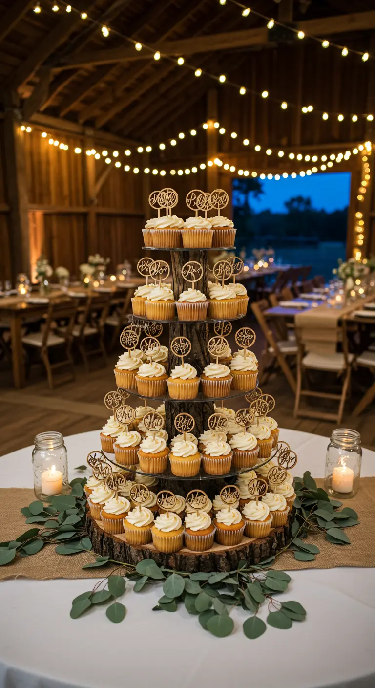 Torre de cupcakes con toppers de madera personalizados en una boda rústica en un granero.