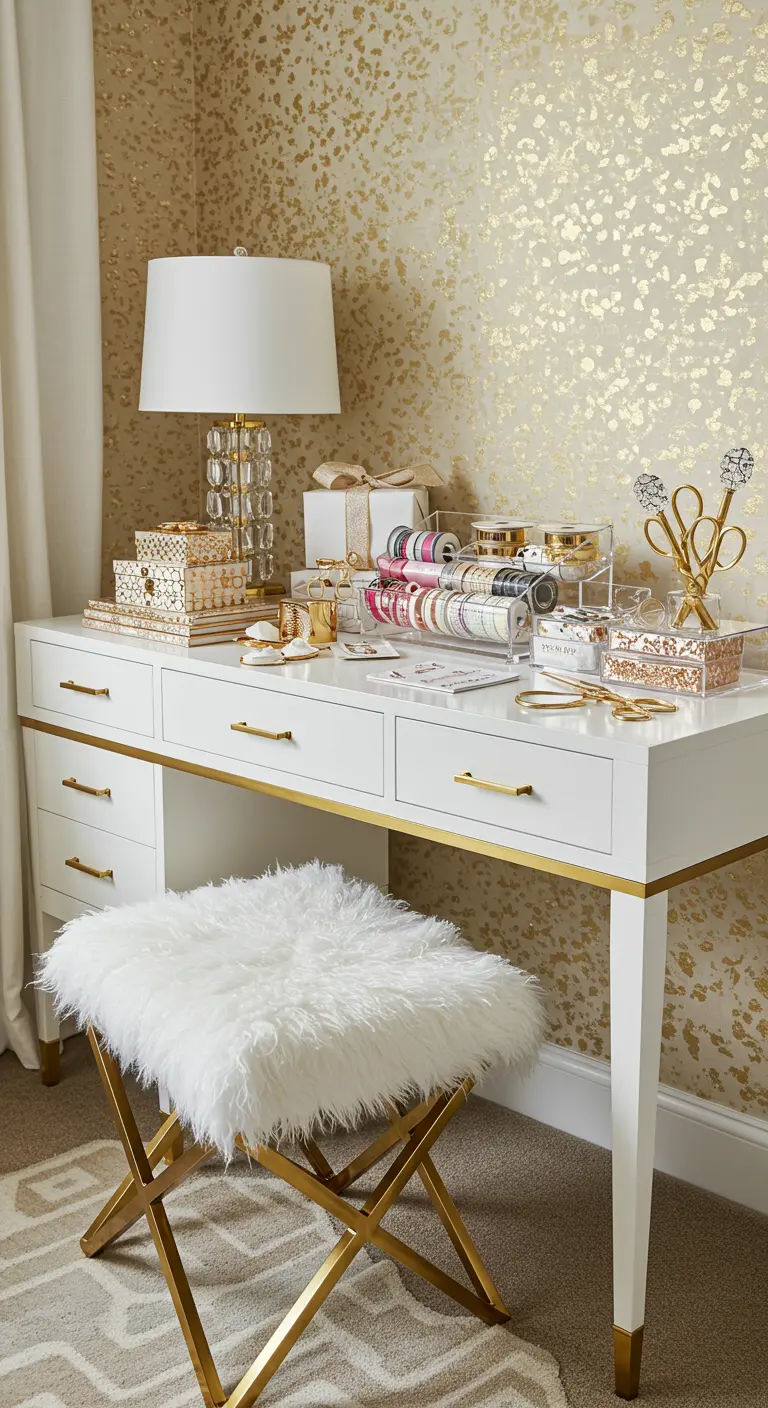 Escritorio blanco y dorado con organizadores de acrílico para cintas y un taburete de pelo.