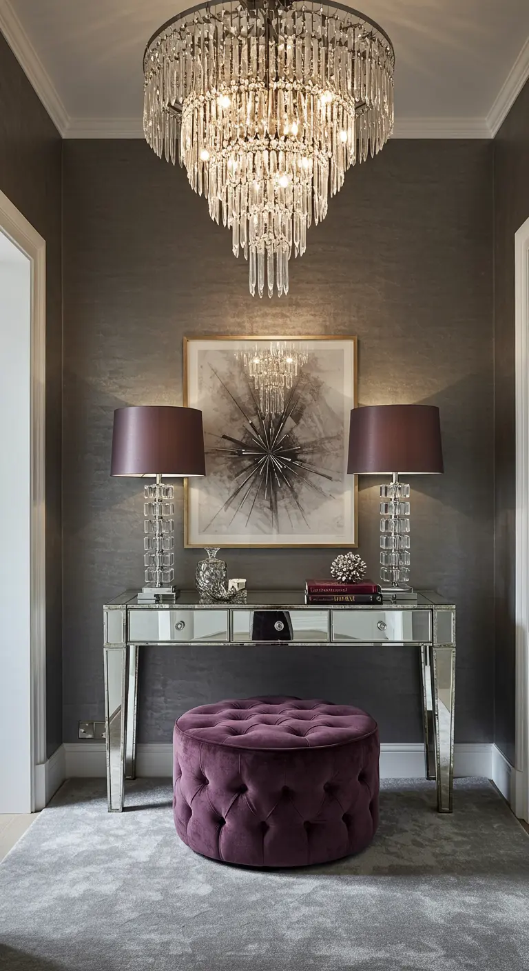 Recibidor glamuroso con pared gris metalizada, consola de espejo y puf de terciopelo morado.