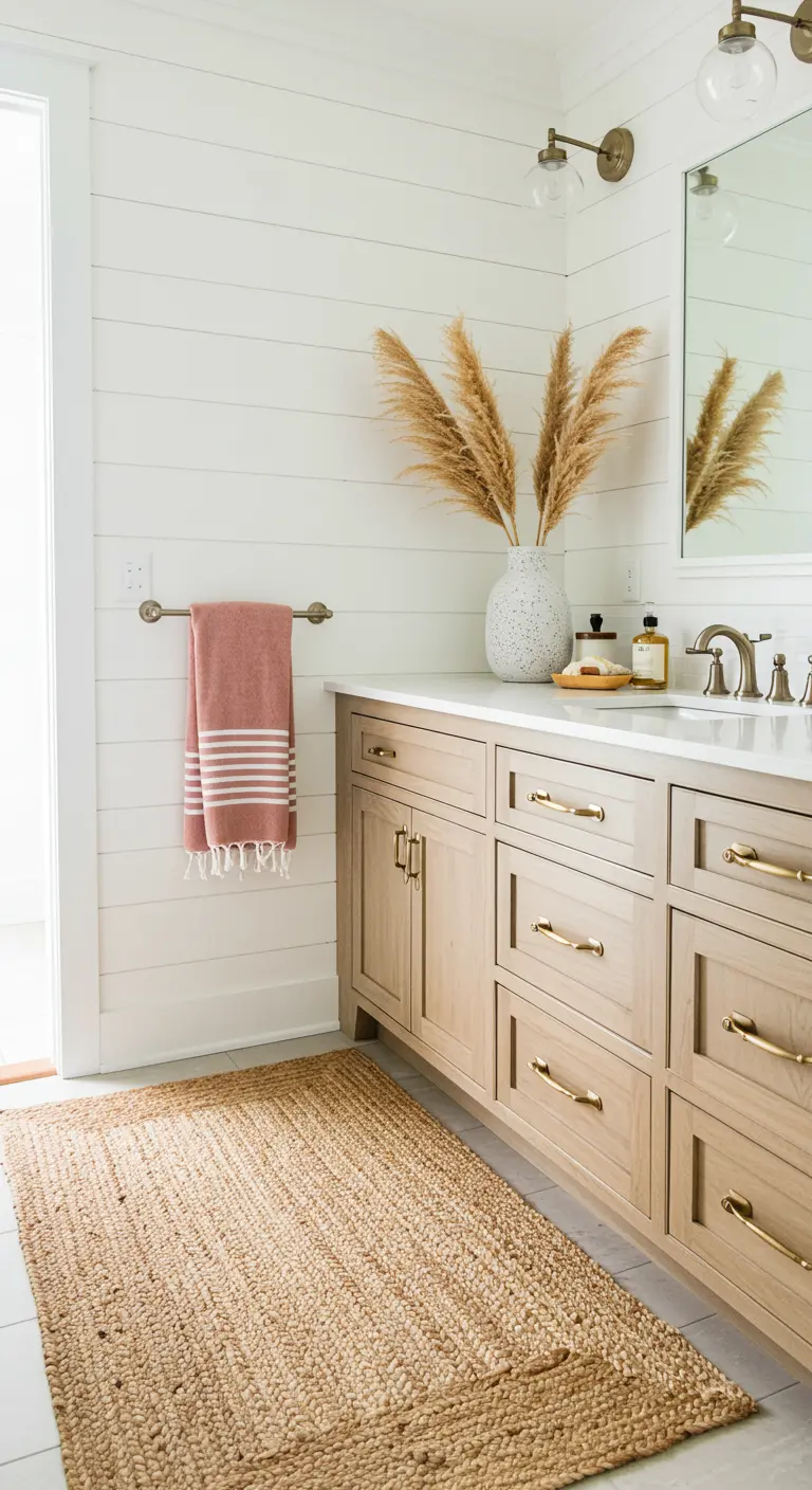 Baño de estilo costero con paredes blancas, mueble de madera clara y hierba de la pampa.