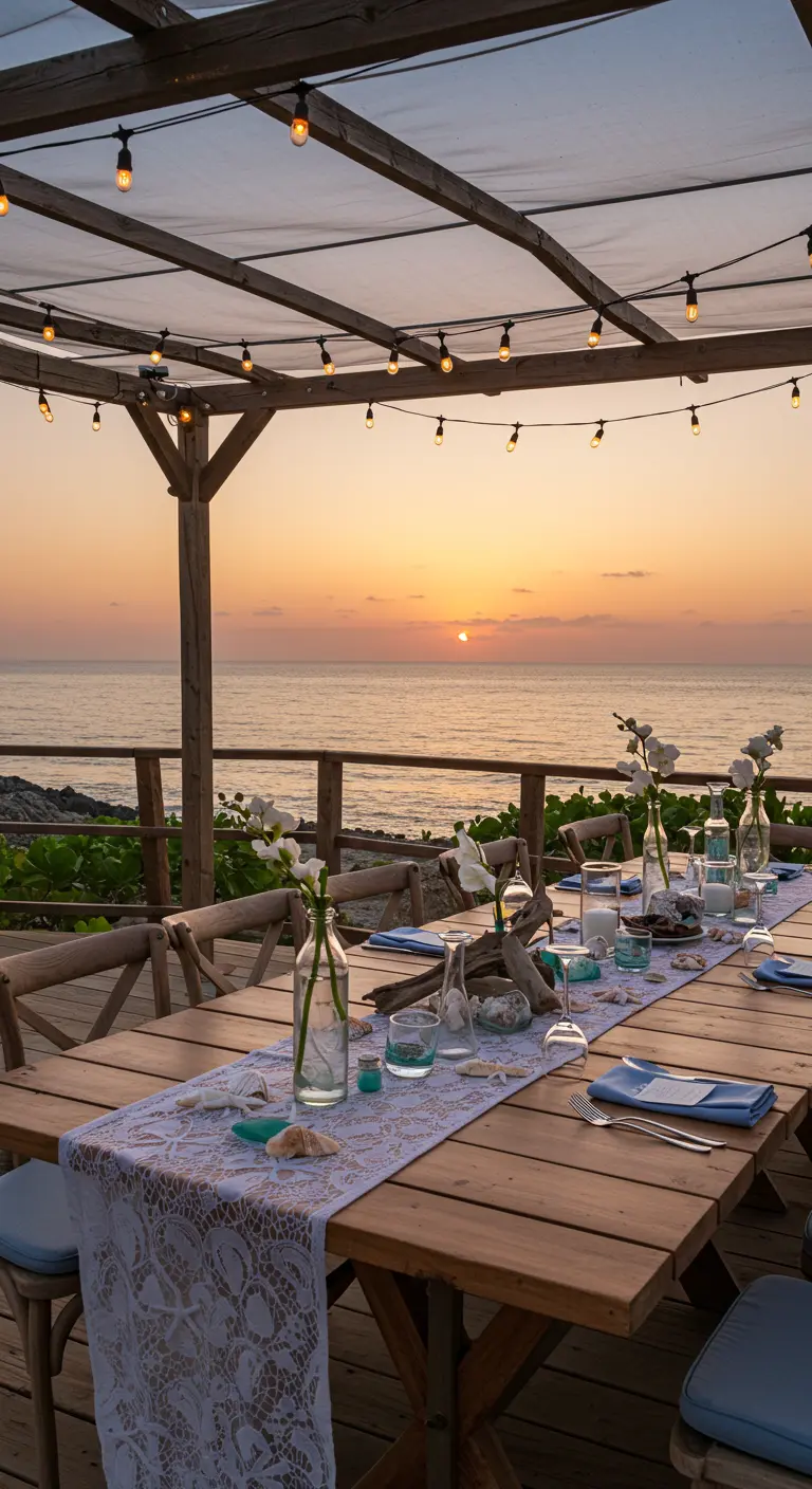 Mesa de boda frente al mar con camino de encaje y decoración costera.