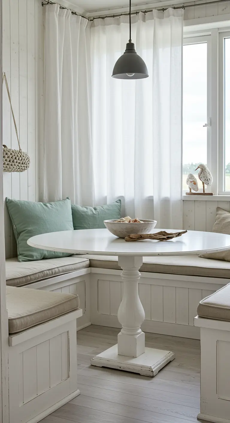 Comedor de estilo costero con banco blanco, cojines verde agua y cortinas de lino