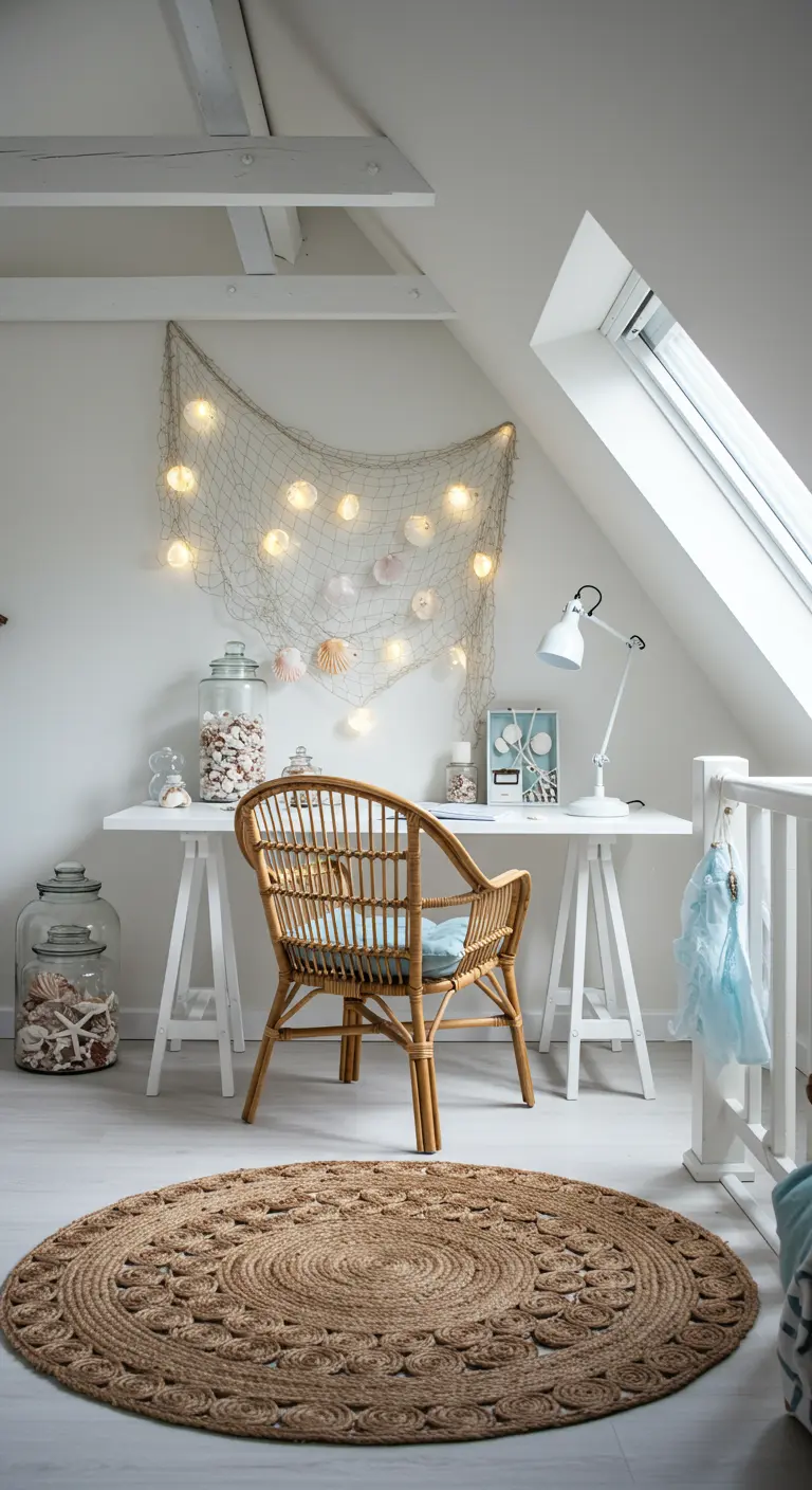 Escritorio blanco de estilo costero en ático con red de pescar, conchas y luces.