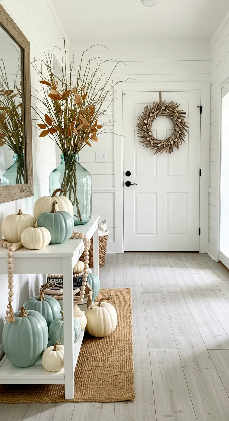 Recibidor de estilo costero con consola blanca y calabazas en tonos blanco y verde azulado.