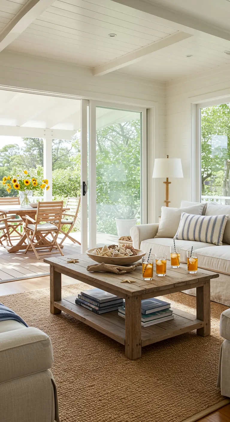 Sala de estar de estilo costero con un cuenco de conchas en la mesa y vistas al porche.