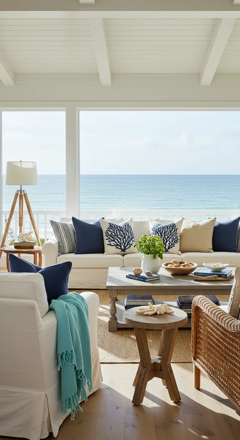 Sala de estar costera con cojines azules y blancos y vistas al mar.