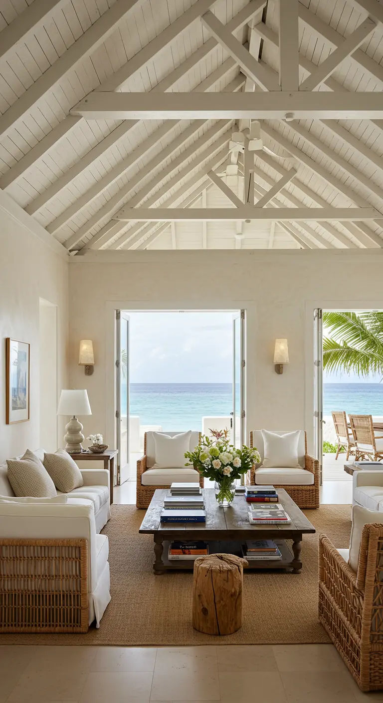 Salón costero con vigas blancas, muebles de ratán y grandes puertas abiertas al mar.